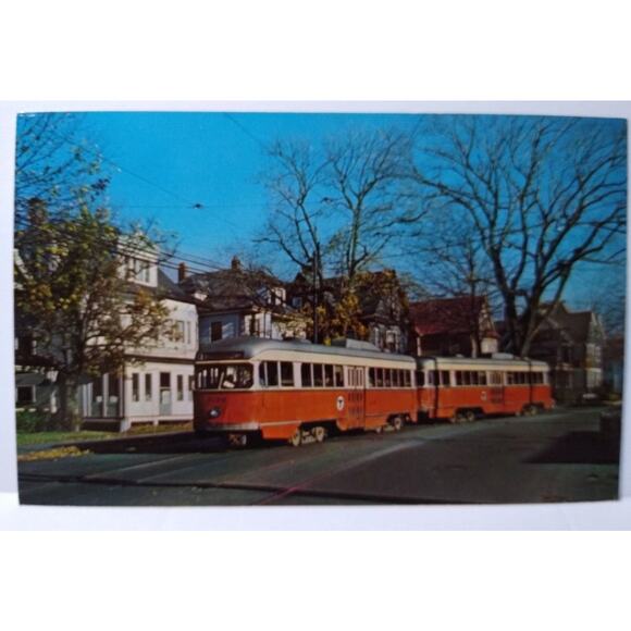 Trolly Train Railway Postcard Boston 3136 & 3131 Double Rail Cars Watertown Sq - Picture 2 of 3